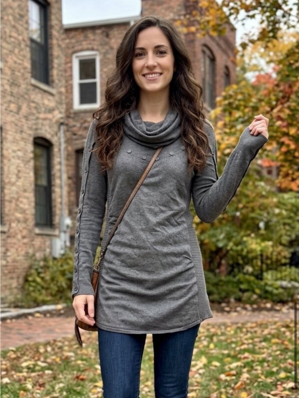 fresh Gray Cowl Neck Button-Sleeve Tunic Sweater